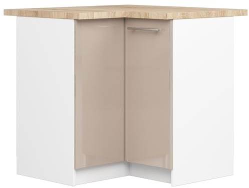 AKORD | Eck-Küchenschrank mit Arbeitsplatte - Oliwia S90 | Küchenunterschrank mit 2 Türen und 2 Einlegeböden | Unterschrank Küche 90 cm Breit | ABS-Kante 18 mm | 46x90x85 cm | Weiß & Cappuccino Glanz