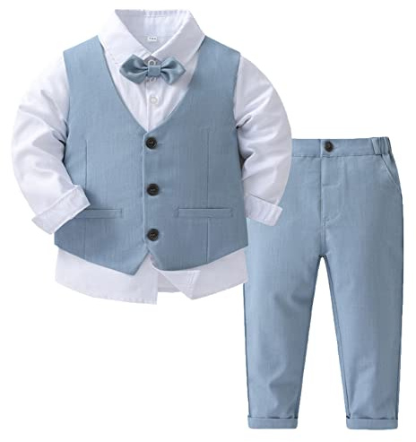JEATHA Vestito Battesimo Neonato Maschio Completini e Coordinati Gentiluomo per Bambino Camicia Fiocco e Gilet Pantaloni Completo Elegante Neonato Regalo per Compleanno Azzurro 5-6 anni