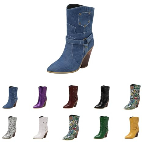 Högklackade ankelstövlar blockklack – cowboystövlar dam läder – västerländska stövlar spetsiga tåparti halvstövlar färgglada ridstövlar lång skaft slip-stövlar eleganta PU-lärande stövlar, blå, 39 EU
