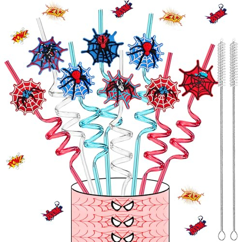 LEDUO 24PCS Spider Web Drinking Straws - Man Party Decorations Gifts Supplies-Reusable Plastic Silly Crazy Straws for Kids Boys Girls Spidery Theme Birthday Party Favors Halloween Goodie Bags Stuffers