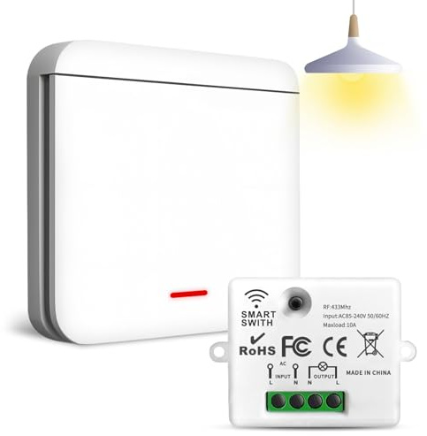 Interrupteur Sans Fil 433Mhz 2200W/10A Contrôle d'Éclairage et de Prises | Interrupteur Va et Vient Sans Fil avec Récepteur - Commutateur Mural Intelligent sans Fil - Installation Facile