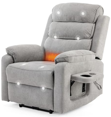 Karl home Recliner Armchair, Electric Reclining Chair Lounge Sofa with Massage & Heat, Extended Footrest, Wireless Charging Device, Type C+USB Ports, Cup Holder, Side Pocket, Light Grey