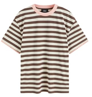 CIDER Women Striped Tops Oversized Loose Crew Neck T-Shirts Short Sleeve Casual Summer Tee Shirts Brown