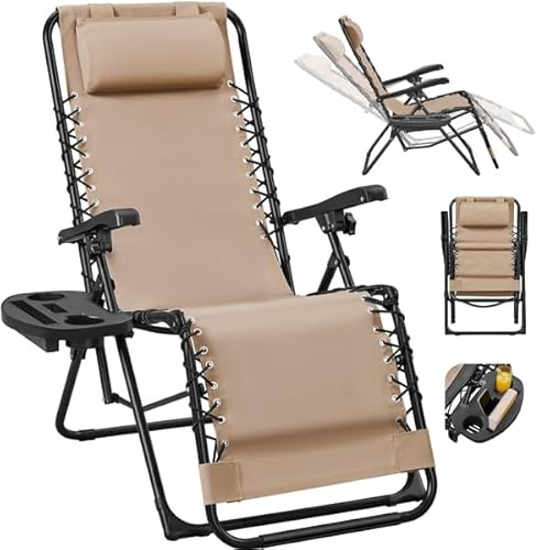 Yaheetech Sedie a Sdraio Pieghevoli a Gravità Zero con Vassoio Rimovibile Poltrona Relax per Piscina Giardino Esterno Spiaggia Beige
