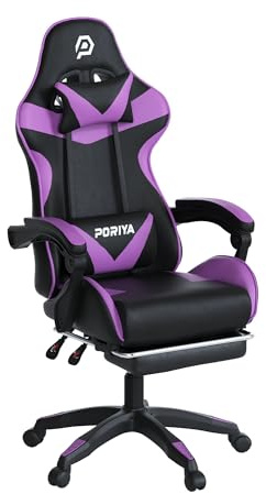 PORIYA Fabric Gaming Chair with Head Cushion, Height Adjustable, Breathable Fabric Gaming Chair, Racing-Style Executive Seat, Reclining Capability, Suitable for Office Chair, Purple, Small Size