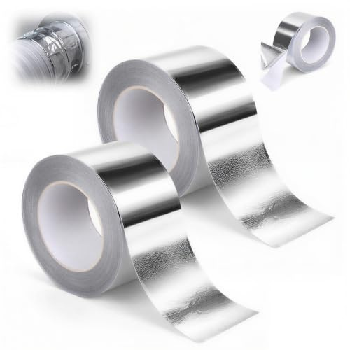 Rzspher 2 Rullar Självhäftande tejp i aluminium, 60mm x 50m tätningstejp | aluminium tejp vattentät och ångsäker robust, aluminiumband för köksinstallationer isolering, ventilation och reparation