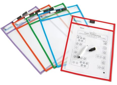 Learning Resources Fundas para Escribir y Borrar – Set de 5 Fundas Reutilizables con Rotuladores – para Hojas A4 – Desde 3 Años – Juego Educativo Sostenible