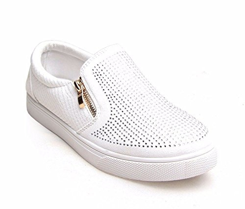 Womens Diamante Zip Loafers Trainers Skin Slip On Gold Skater Sneakers Flats Pumps Shoes_391_White_3