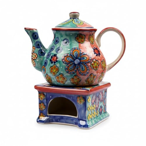 Teekanne Keramik handbemalt bunt - Stilvolle Keramik-Steinzeug-Teekanne | Spülmaschinen- & mikrowellentauglich | Handbemalt & langlebig (Daisy mit Stövchen)