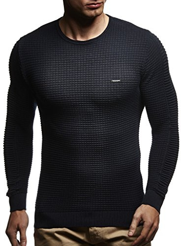 Leif Nelson suéter de Jersey de Punto Fino de Cuello Redondo de los Hombres de LN-1545 Azul Large