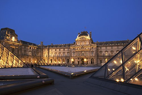 Posterazzi Le Louvre palace buildings and pyramids at night in golden light Paris France Poster Print, (38 x 24)