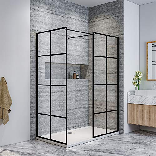 ELEGANT 700x700mm Shower Screen Wet Room Reversible Walkin Shower Door 2 Pieces of 8mm Safety Glass Shower Panel Frameless Stain Black Grid Painted Shower Cubicle for Bath