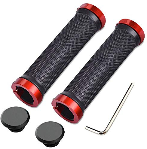Aiqeer 1 Par Puños Bicicleta Montaña, Puños Manillar Goma Antideslizante Ergonomicos, Puños Manillar Bici Doble Bloqueo, Empuñadura BMX, Puños MTB, para Mango con Diámetro 22 mm (Rojo)