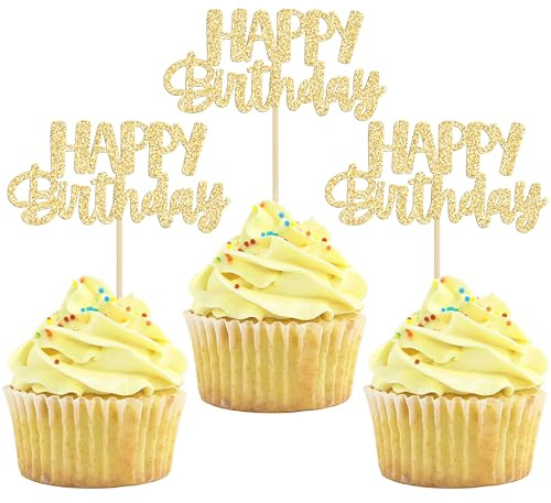 Gyufise 24Pcs Happy Birthday Cupcake Toppers Gold Glitter Celebrating Birthday Cake Picks Baby Shower Kids Party Decoration Supplies