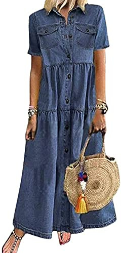 Yesgirl Robe Jean Été Femme De Plage Rétro Denim Robes Col V Casual Tuniques Ample Chemise Longue Chemisier en Jean Maxi Robe 01 E Bleu Foncé XXL