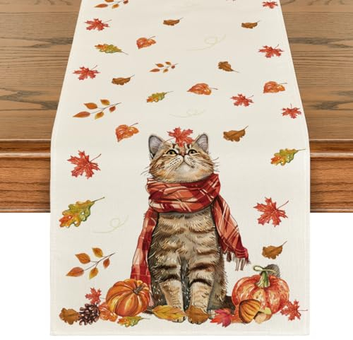 Artoid Mode Katze Kürbisse Ahornblätter Herbst Tischläufer, Saisonnal Küche Tisch Dekoration Drinnen Urlaub Party Dekor 40x140 cm