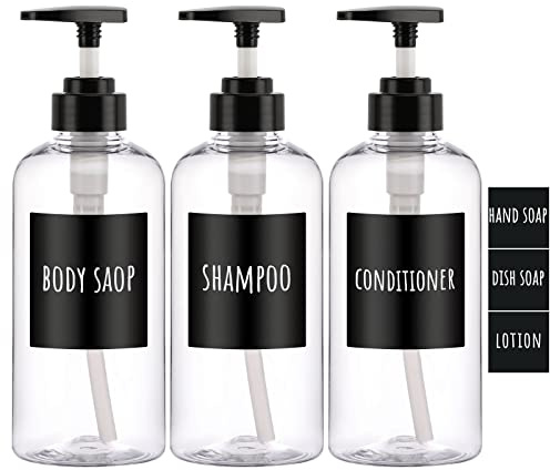 Segbeauty Botellas de Champú Dispensador de Gel de Ducha, Paquete de 3 Dispensadores de Jabón de 500 ml, Botella de Bomba Vacía Recargable con Etiquetas, para Baño de Cocina, Transparente