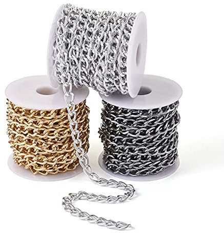 FASHEWERLY - Catena a maglia barbazzale in alluminio, 12,4 m, 3 colori, con rocchetto, per borse fai da te, creazione di gioielli, catene e collane