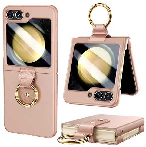 HWeggo Handyhülle für Samsung Galaxy Z Flip 5 Hülle,Ultradünne PC für Samsung Z Flip 5 Schutzhülle mit äußerem Bildschirmschutz und Ring,Stoßfest Kratzfest Leichte Schutzhülle(Roségold)
