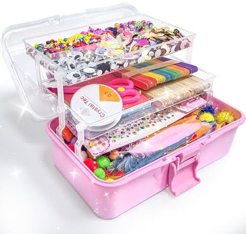 obqo 3000+ Pcs Art and Craft Box for Kids, Toddler Craft Set Included Pipe Cleaners, Pom Poms, Feather, Folding Storage Box - All in One for Kids Craft Supplies (Pink)