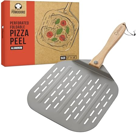 Chef Pomodoro - Pelle à Pizza Perforée en Aluminium Anodisé Professionnelle avec Poignée Pliable en Bois Pelle à Enfourner pour Four et Barbecue Cuisson de Pizzas 30,5 cm x 35,6 cm