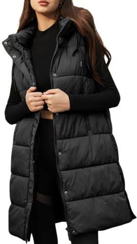 PUWEI Long Puffer Vest Women Quilted Hooded Vest Padded Sleeveless Coat Jackets With Pockets(2930-Black-S)