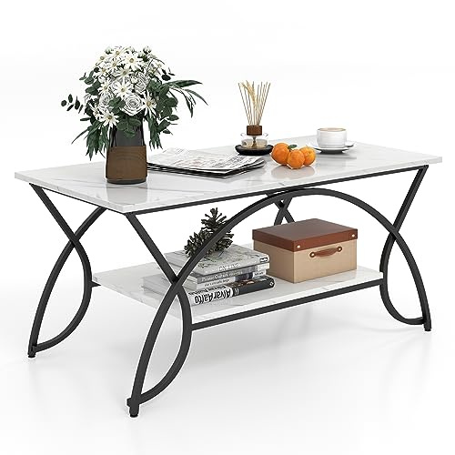 COSTWAY Mesa de Centro de 2 Niveles, Mesa Auxiliar Salón de Imitación de Mármol, Mesas Auxiliares de Metal Dorado, con Estante para Almacenamiento para Sala de Estar, 100 x 50 x 45 cm, Blanco+Negro