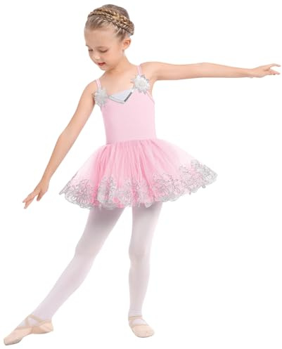 Odizli Vestido de ballet para niñas y niños, espaguetis con cuello en V, lentejuelas, flores, vestido de ballet, Rosa., 9-10 Años
