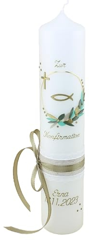 Cerziies® Konfirmationskerze ERNA Junge oder Mädchen mit Name und Datum, individuell und handverziert 2299