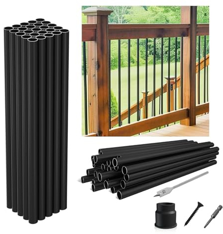 Wqinjk 50-Pack 32x3/4 Aluminum Deck Balusters Hollow Round Deck Railing Spindles Matte Coated Black for Wood and Composite Deck Indoor Outdoor