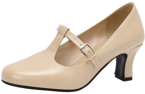 Smilice Women's T-Straps Slip-on Court Shoes with Block Heel Apricot