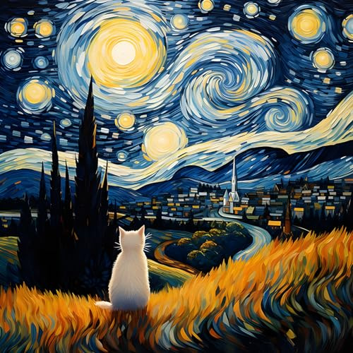 MEIYUDA DIY 5D Diamond Painting Kit Completo per Adulti, Pittura Diamante Notte Stellata Gatto, Strass Ricamo a Punto Croce Diamond Art Bambini, Nuovo Regalo di Casa, Regali per Principianti 30x30cm