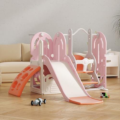 FUKEA Climbing Slide with baby swing, 5 in 1 Toddler Slides with Climbing Frame, Swing, Storage Box, Basketball Hoop, Indoor Outdoor Garden Playground Climbing Theme Baby Slides for Toddlers Age 1-3