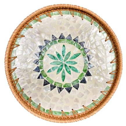 SAVOSWEET Rattan serveringsbricka, rund, dekorativ bricka boho, rottingbricka, rund 30 cm, rund bricka, mosaik, dekorativ serveringsbricka för drycker, frukost, te, ljus, smycken (stil A)