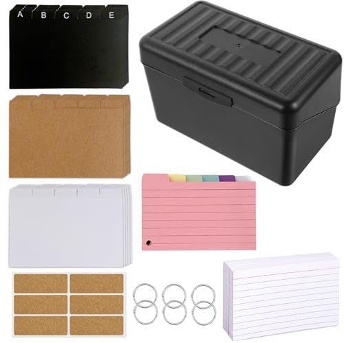 Caja Tarjetas Índice Negro, Fichas Coloridas con 15 Registros, 6 Anillos, 6 Pegatinas, Flashcards Colores para Viajes, Notas Aprendizaje, Material Escolar, Recetas, Estudiar, Oficina, Hogar, Estudio