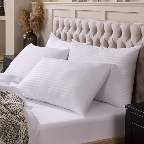 Slumberdown Comfy Home Pillows 4 Pack Hotel Quality Bouncy Striped Pillow for Stomach, Back & Side Sleepers - Non-Allergenic Satin Stripe Cover, Made in the UK, Machine Washable (48 x 74cm)