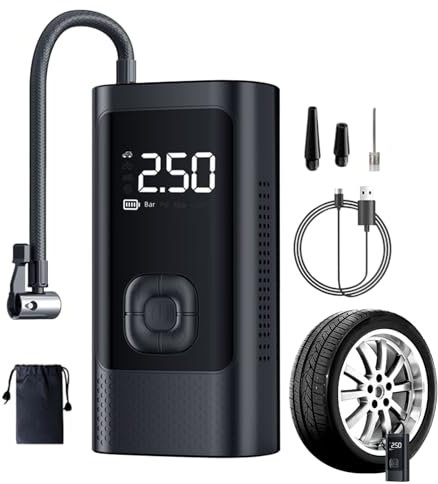 Mini-cykelpump – bärbar luftkompressor för däckuppblåsare | bärbar elektrisk cykelpump 150 PSI med digital display med dubbla värden, tryckmätare, LED-, uppladdningsbar | däckpump för bil, cykel