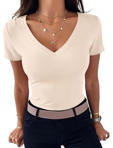 Totatuit Camiseta Basica Mujer Verano Manga Corta Camisetas Elegante de Sexy Blusas Cuello en V Elástico Ligero Sólido Casual Túnica Top Albaricoque，L