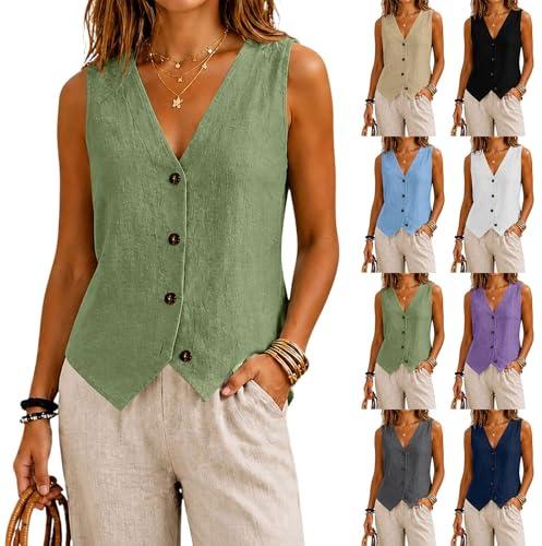 Chaleco de Algodón y Lino para Mujer, Sin Mangas, Cuello en V | Botones Frontales Chaquetas Casual Elegante Ropa Mujer Camisetas Basicas, Ideal Para Oficina y Verano, Sólido y Ajustado