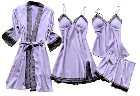 Loungewear damset 4 delar – elegant sidenpyjamas kort sexig | Pyjamas silke sexiga nattkläder med bälte kimono med V-ringning klänning spets linne lätt negligé bekväma sovkläder