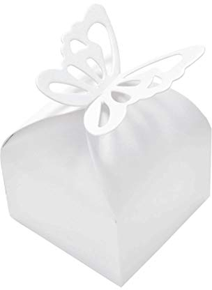 JZK 50x Weiße Schmetterlings Hochzeitsbevorzugungskästen, Geschenkbox für Gefälligkeiten Party-Süßigkeiten-Box Party-Konfetti-Box für Hochzeit, Geburtstag, Taufe, Heilige Kommunion, Weihnachten