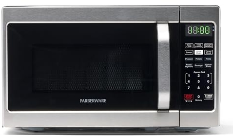 Farberware 0.7 Cu. Ft. Countertop Microwave Oven – 700 Watts Power, Auto Cook Settings, Defrost, Easy Clean and Child Safety Lock - Stainless