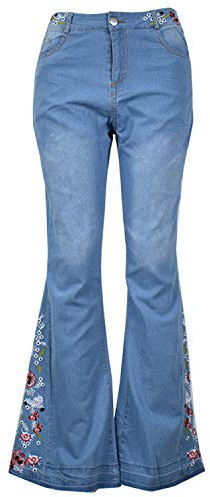Pantalon long en jean délavé avec broderie florale pour femme, bleu clair, 46
