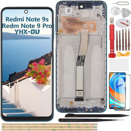 YHX-OU 6.67 LCD para Xiaomi Redmi Note 9 Pro Redmi Note 9S LCD Digitalizador Pantalla Táctil de Reemplazo con Herramienta de Instalación + 1 Pieza de Cristal Templado (Azul + Marco)