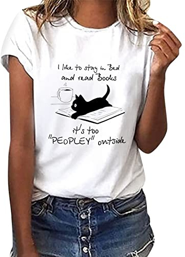 heekpek T Shirt Donna Manica Corta Bianca Cotone Maglietta Manica Corta Donna Casual Girocollo Stampa Estiva Base Tee Bluse, Gatto Pigro, M
