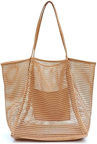 Pinsheng Mesh Einkaufstasche Netztasche, große Umhängetasche Strandtasche für Frauen mit Innentasche, Damen Handtasche, Wasserdichte Badetasche, faltbar für Picknick, Lebensmittel, Reisen