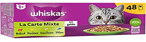 WHISKAS Mahlzeit – 48 Frischebeutel – die gemischte Karte (4 Sorten) – Nassfutter für ausgewachsene Katzen in Gelee – komplettes & ausgewogenes Nassfutter, geeignet für sterilisierte Katzen