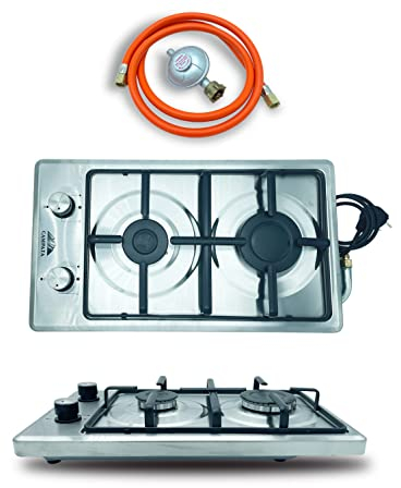 Deluxe 2-flammig Edelstahl Gaskochfeld Innenbereich, Indoor & Outdoor mit Zündsicherung und Piezo-Zündung Gasherd | Einbau oder freistehend | tragbarer Campingkocher | inkl. Gasschlauch+Regler