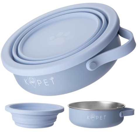 KPET® Comedero y Bebedero para Perro y Gato Plegable, 2en1 - Cuenco Portatil Acero Inoxidable y Tazón Plegable Silicona Ideal para Coche, Viaje, Senderismo, con Base Antideslizante y Antiderrame