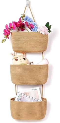 Hängeorganizer Geflochten Korb Hängend Wand Organizer, 3 Etagere Hängeaufbewahrung Hängende Tasche Aus Baumwollseil, Faltbare Hängeregal Pflanzkorb Für Bad, Schlafzimmer, Kinderzimmer (Braun)